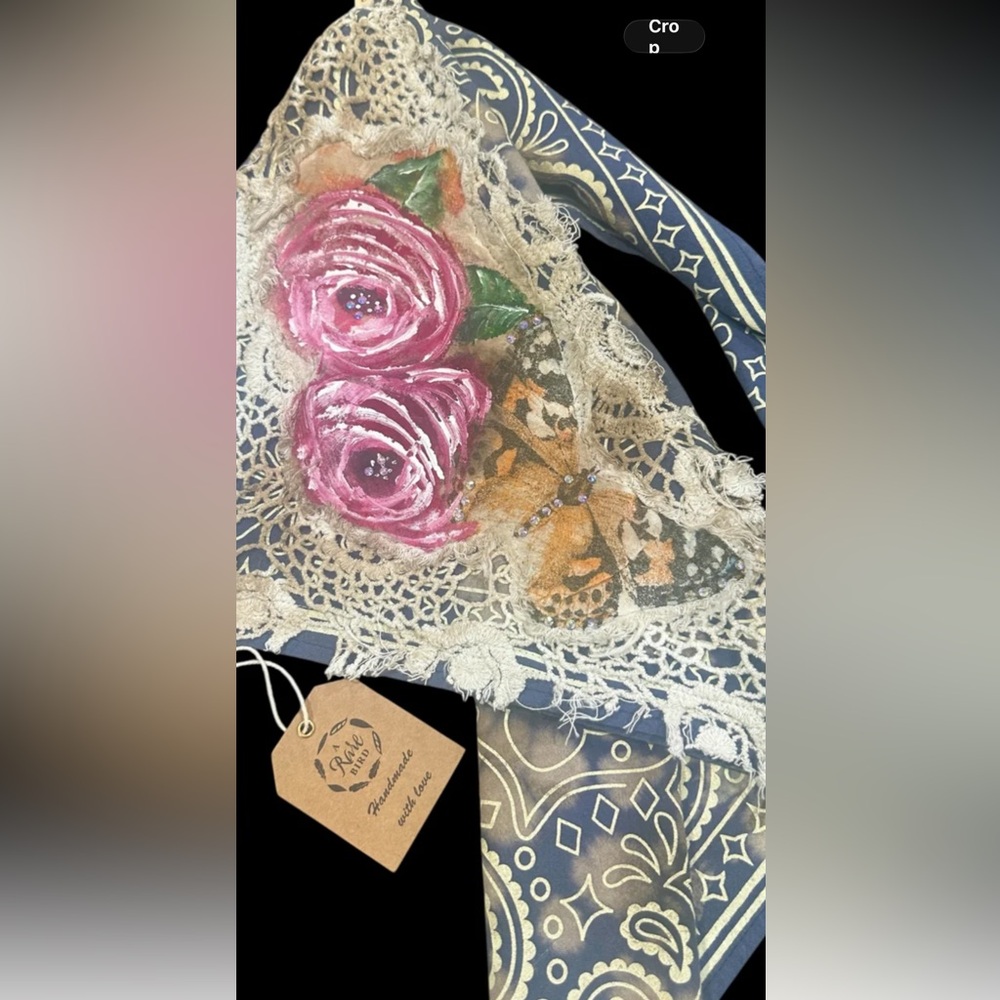 A Rare Bird Hand Painted, lace tea stained, bejeweled Detail  NWT